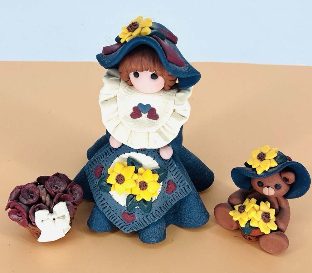 Vintage 1994 Polymer Clay Sheree Soles Woman, Bear w/ Flowers, Floral Bouquet